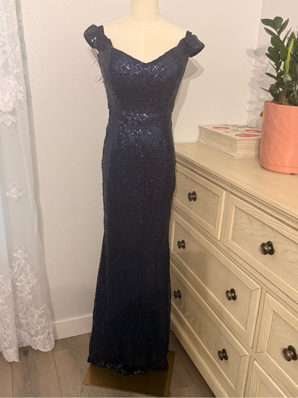 Navy Sequin Off-Shoulder Maxi Dress